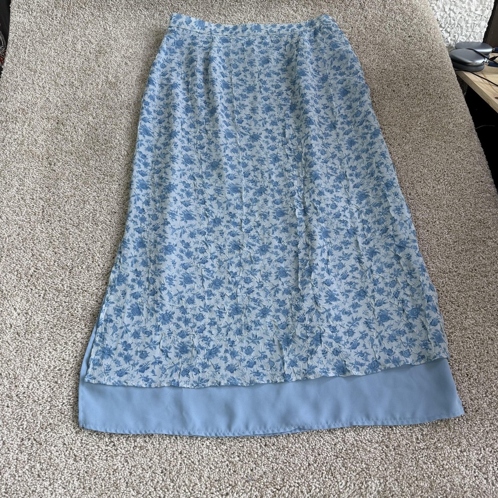 Vintage Samantha Taylor Skirt Womens 14 Blue Floral Chiffon Maxi Lined Zip